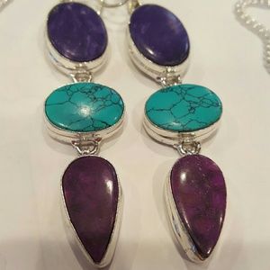 LIQUIDATION SALE Purple Turquoise and Red Tri-Color Agate Drop Earrings